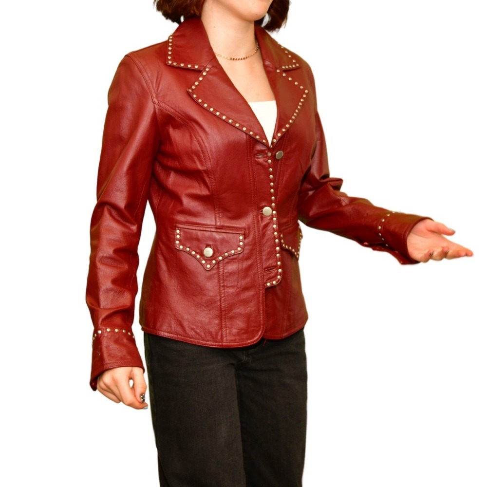 Studded Maroon Leather Jacket – Women's Small | Elegant Cowhide Statement Piece
